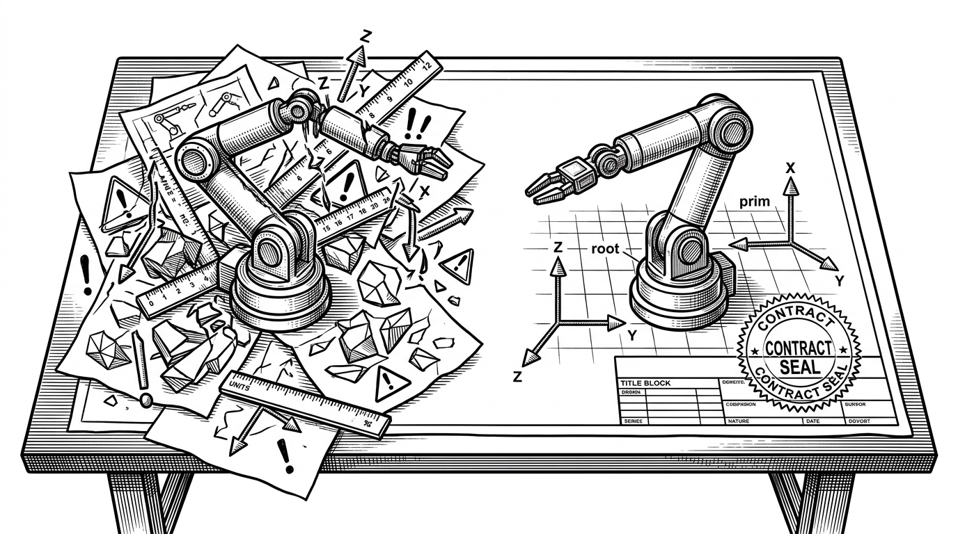 A wide editorial scene shows a cluttered drafting desk on one side and a clean simulation stage on the other. The cluttered side is full of broken robot parts, mismatched unit marks, and tangled asset papers, while the clean side is stamped with a contract seal and aligned axes, explaining how SimReady turns messy models into enforceable simulation assets.