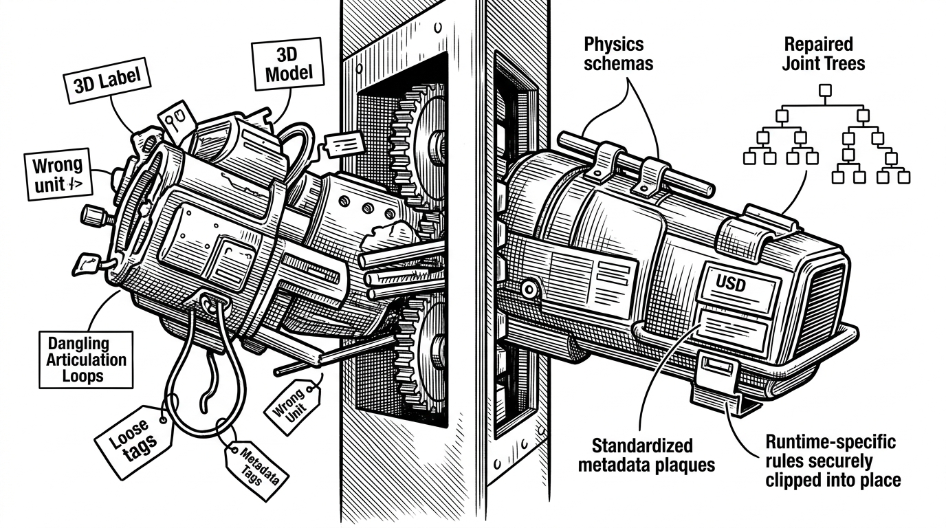 A close-up cross-section shows a USD asset passing through a mechanical gate. On the left, the asset is tangled with wrong unit labels, disconnected joint loops, and loose metadata tags. On the right, it emerges with physics schemas attached, joints aligned into a tree, and runtime-specific rules locked into place, explaining how SimReady both validates and transforms assets.