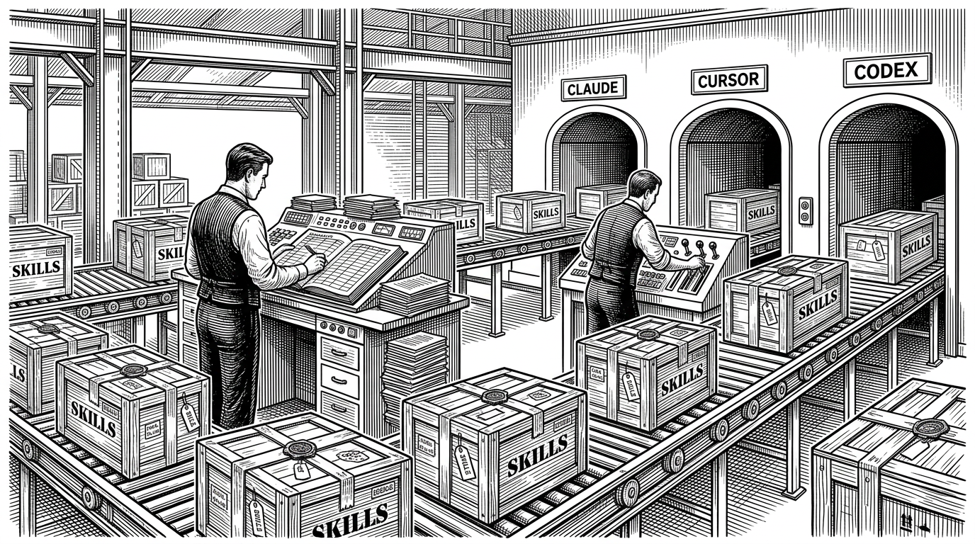 A wide warehouse control room where sealed crates move on conveyor belts toward different agent stations. Each crate is stamped, tagged, and checked against a ledger before being routed into separate bays for Claude, Cursor, and Codex. The scene explains that NVIDIA/skills is treating agent instructions as governed software packages, not loose prompts.