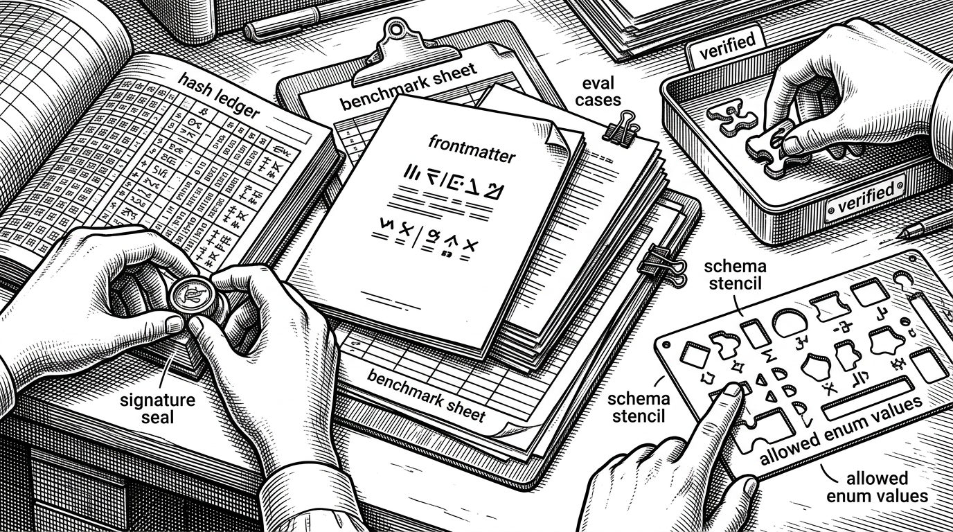 A close-up workbench scene shows a skill dossier laid out like evidence. A frontmatter page sits on top of benchmark sheets and eval cases, while a signature seal is checked against a hash ledger. A schema stencil with allowed enum values is held beside the papers. The image explains how NVIDIA turns a skill into a validated package with policy and integrity checks.