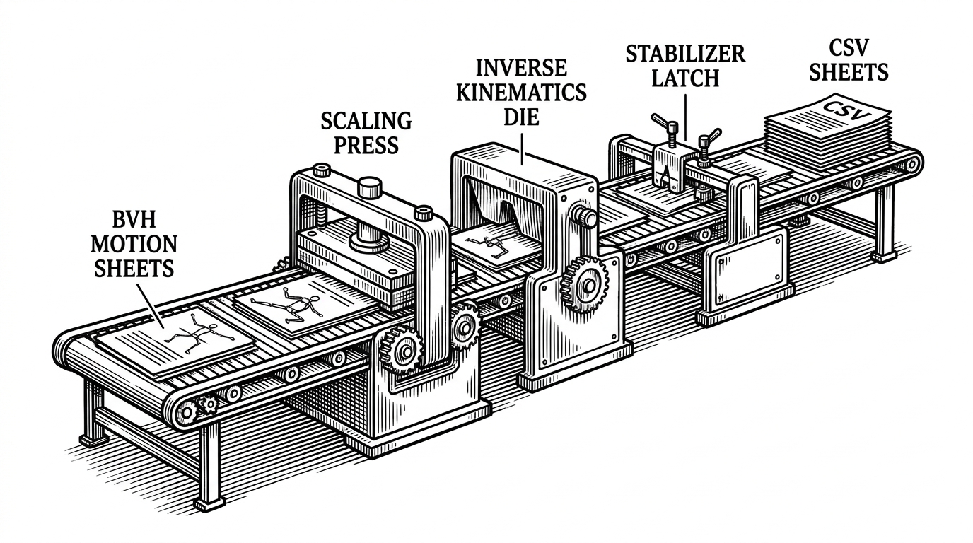 A conveyor-like production line carries BVH sheets through a scaling press, an IK die, and a stabilizer latch before outputting tidy CSV sheets. The visual explains the end-to-end retargeting pipeline as a sequence of physical transformations, not a simple file conversion.