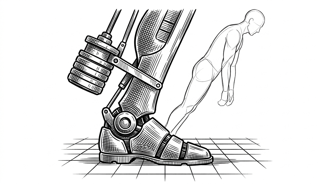 A robot foot is planted on a floor grid while a counterweight system keeps its center of mass inside a stable zone. Above it, a human pose outline tries to lean too far forward, showing why ground contact must be actively stabilized instead of assumed.