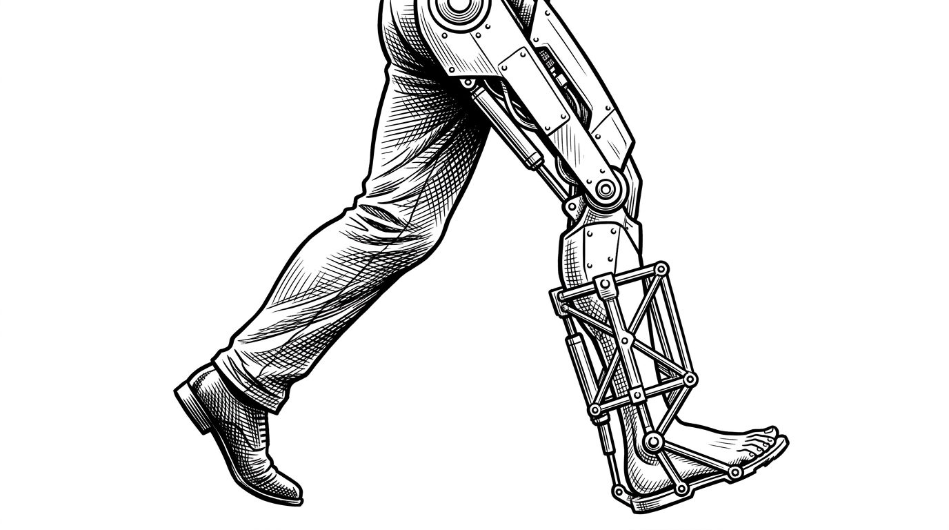 A human walking silhouette enters a rigid robot frame, with one ankle pinned inside a visible constraint cage. The scene explains that motion retargeting is not simple copying, because robot proportions and joint limits force the solver to preserve realism under pressure.