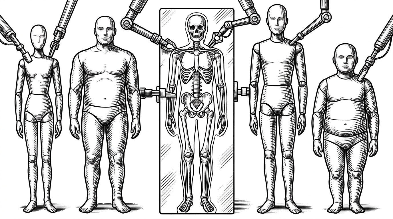 Several differently proportioned human mannequins are pressed through interchangeable frames into one standardized skeleton jig. The image explains how SOMA turns many body variations into a single canonical input representation before retargeting begins.