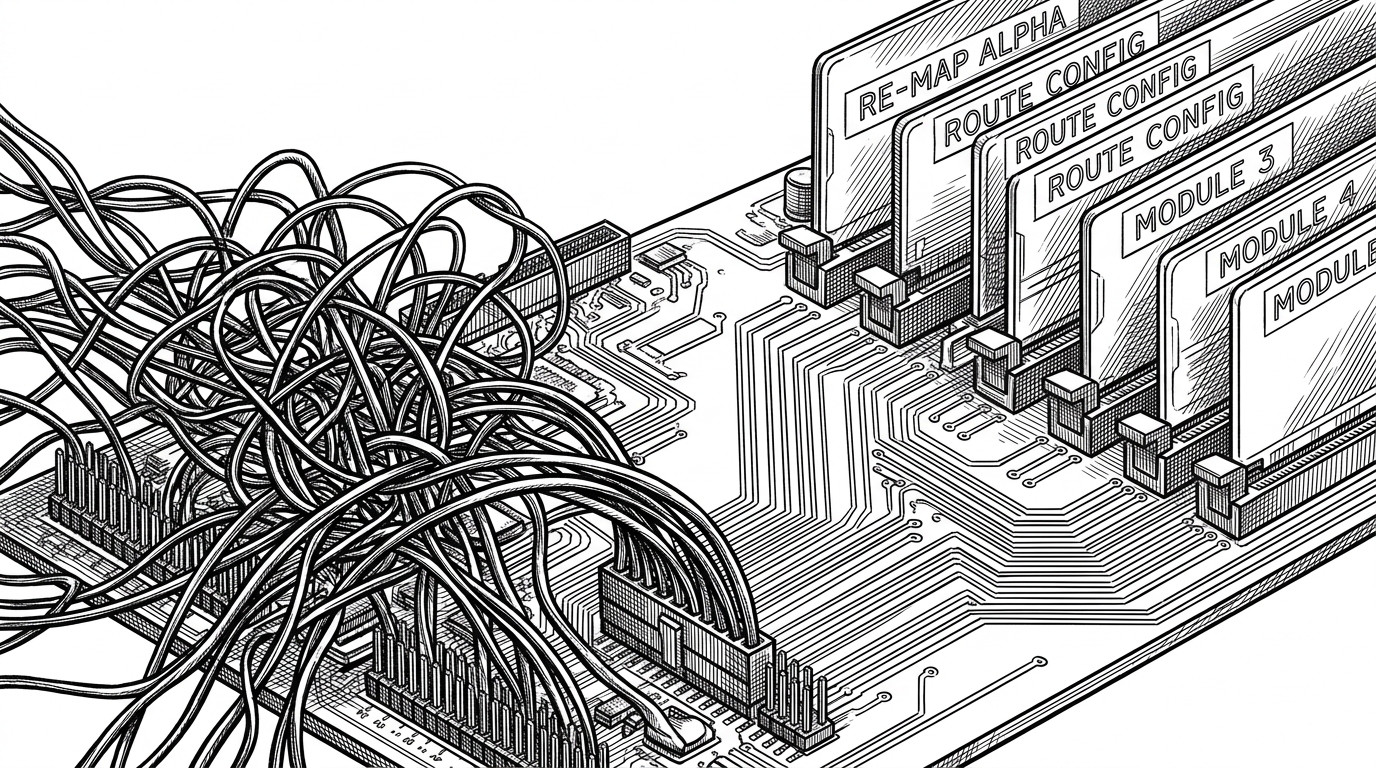 A close-up wiring map overlays a server board, with one side showing tangled hardcoded wires and the other showing labeled configuration cards that snap into place. The image explains how JSON turns board-specific wiring into reusable logic.