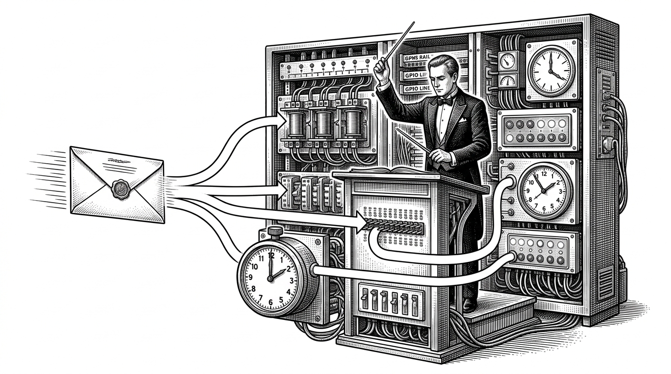 A BMC conductor stands before a rack-sized machine of rails, relays, and timing dials, while a sealed power request splits into routed paths. The scene explains that a simple power command becomes coordinated hardware choreography, not a single switch flip.