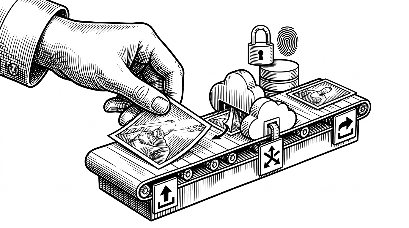 A hand places a glossy photograph onto a conveyor system with three stations: upload, transform, and deliver. A cloud-shaped machine trims the image, while a padlock and fingerprint sit over a database cylinder in the background. The scene explains that a photo app is really a logistics system for media and credentials.
