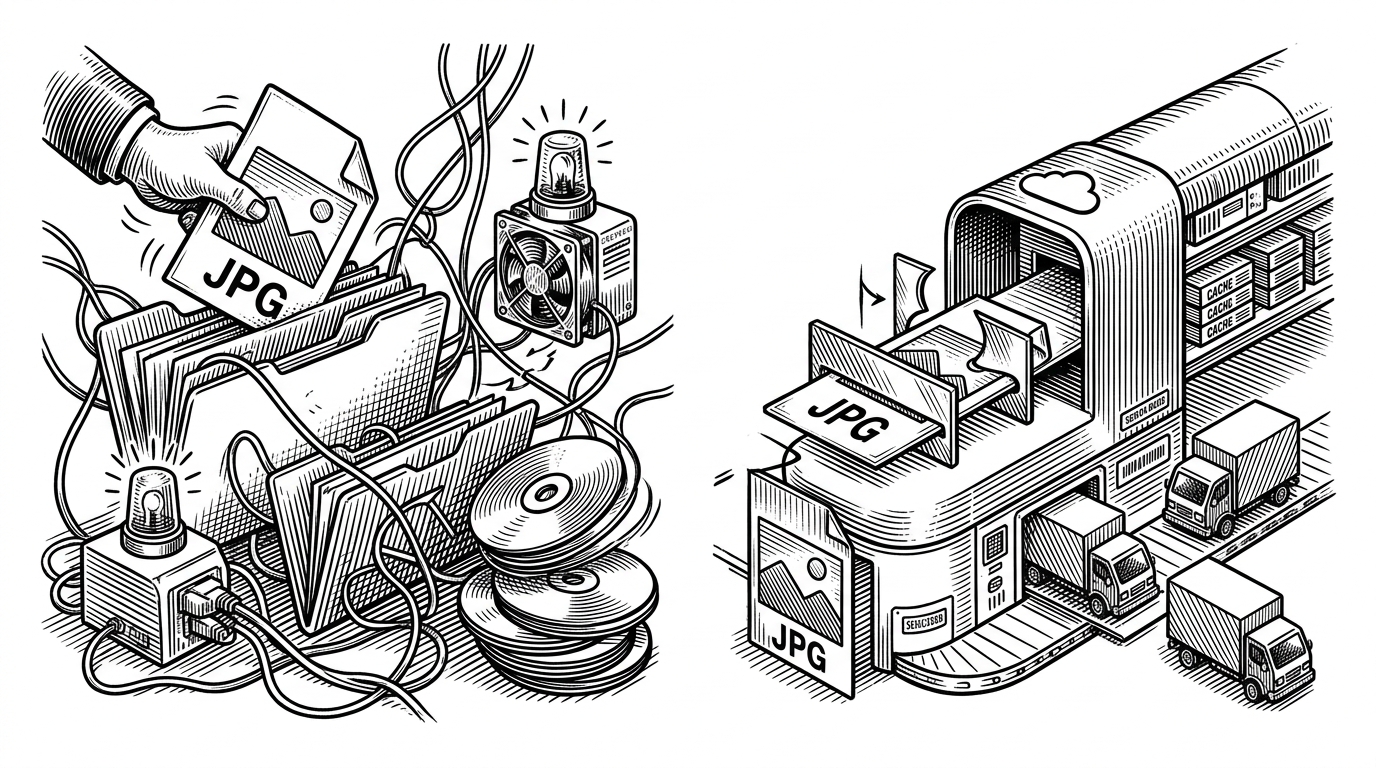 A split close-up shows two photo paths. On the left, a file is shoved into a messy local folder with tangled wires, a small server fan, and a warning light. On the right, the same photo passes through a clean cloud pipeline with resize blades, cache shelves, and delivery trucks. The contrast explains why specialized media handling is simpler and more scalable than local storage.