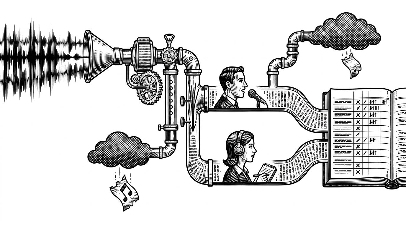 A close-up pipeline shows sound waves entering one side, passing through gated stages, and emerging as separate candidate and interviewer transcripts plus an evaluation card. One branch falls into a fallback path, showing how the app protects the experience when speech input or the model fails.