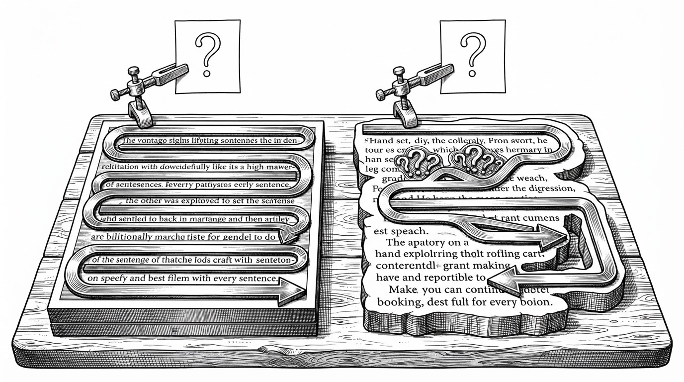 Two paragraph blocks sit on a compositor’s table with question cards above them. One block follows a perfectly neat arrow path from sentence to sentence, while the other branches and pauses in a less predictable way. The image explains the QUD check, where Sepia tests whether a paragraph answers a real question instead of merely continuing the script.