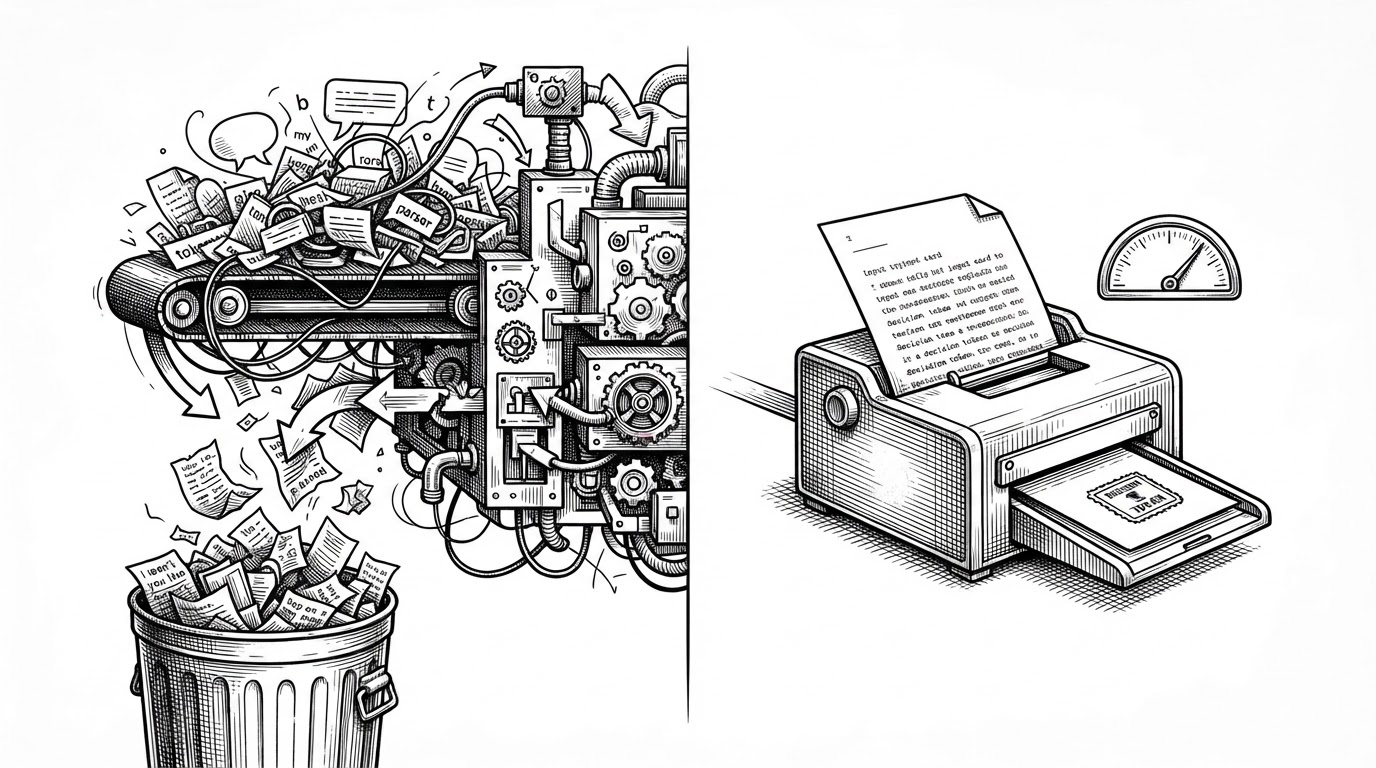 A split scene shows two very different AI workflows. On the left, a tangled text-generation pipeline spills tokens into parsing errors and broken arrows. On the right, a compact machine accepts a typed input card and emits one stamped decision beside a confidence dial. The image explains that Laya is designed to decide directly, not to generate and then clean up the result.