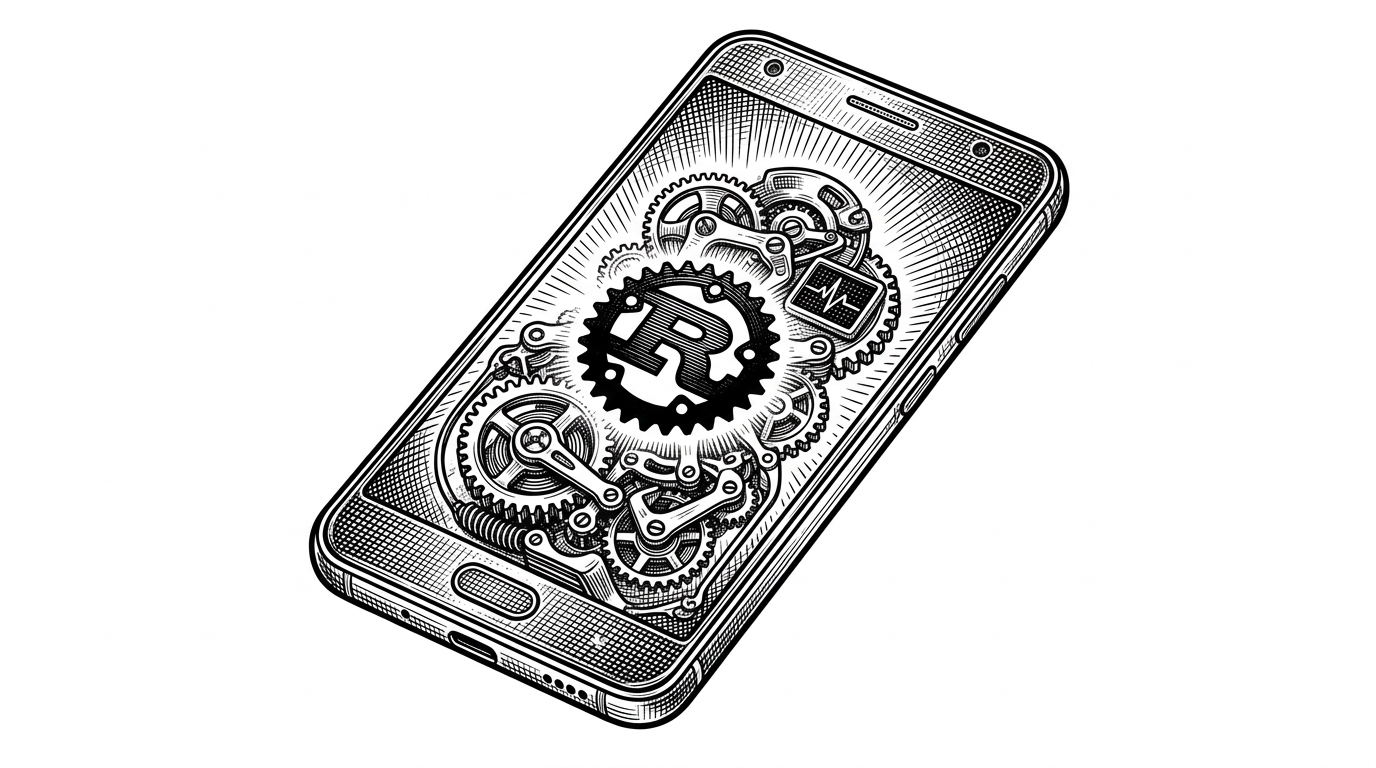 A transparent Android smartphone chassis revealing a complex clockwork engine inside.