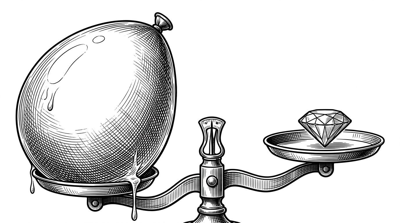 A vintage scale balancing a large leaking water balloon against a small dense diamond.