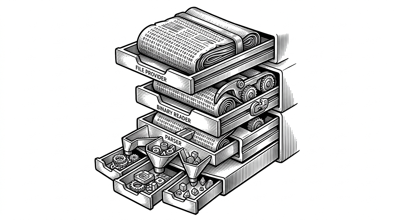 A close-up black-ink illustration shows a binary blob sliding through nested abstraction layers like trays in a cabinet, first as a raw file, then as a provider, then as a reader, and finally as a parsed structure. The image explains how Ghidra can treat files, streams, and embedded containers as the same kind of input.