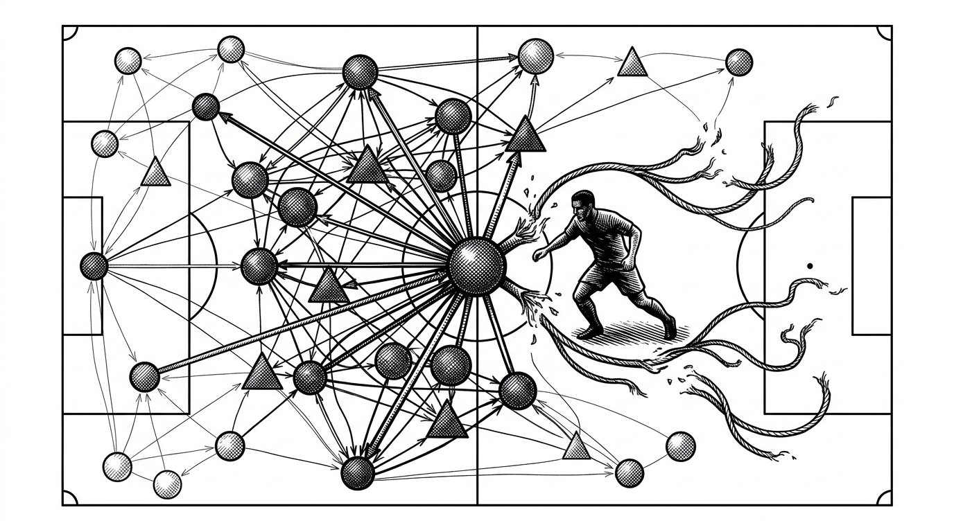 A football pitch drawn as a passing network, with a dense central hub and a defender closing in from the side. Several routes snap and unravel behind the targeted node, showing that the real value of the press is structural damage, not just pressure.