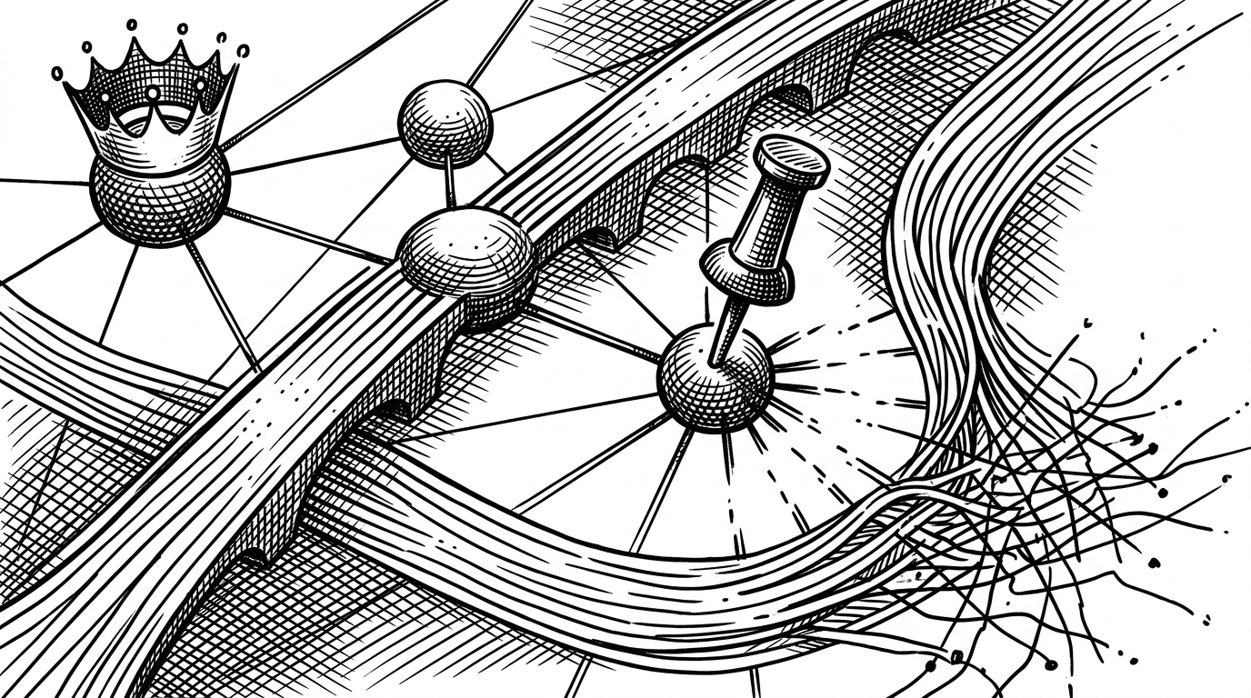 A close-up of three linked network nodes on a tactical board. One node carries the heaviest weight, another acts as a bridge, and a defender pin interrupts the most connected point while nearby routes bend and compress.