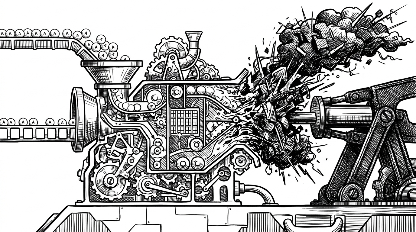 A massive mechanical sorting machine receiving a storm of jagged shapes forced in by a high-pressure piston, representing a message queue under extreme load.