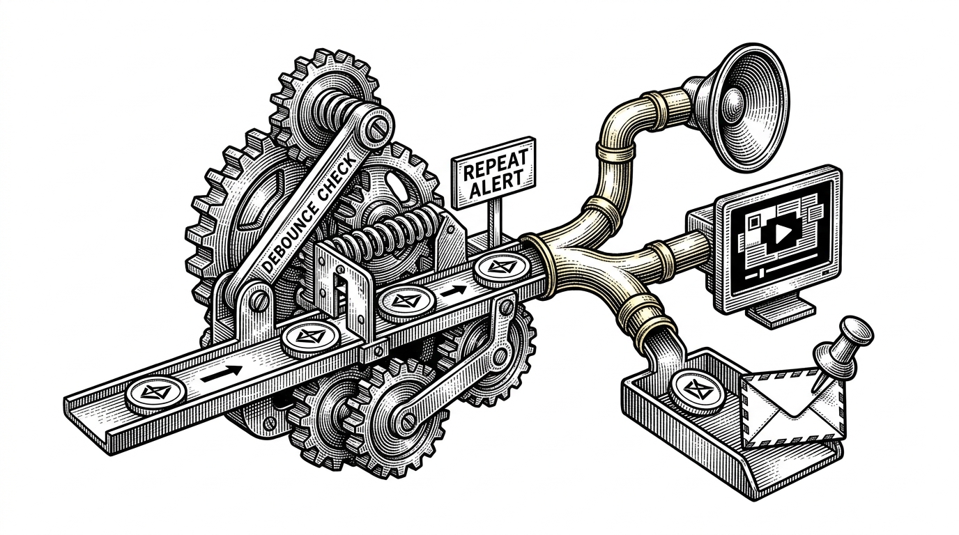 A close-up mechanical relay where one label signal passes through a small gate marked by a spring-loaded arm, then splits into a speaker, a video overlay, and an email envelope with a location pin. One branch is blocked from repeating, showing how the system avoids alarm thrashing. The image explains the repo’s debounce logic and why repeated predictions do not need to trigger repeated alerts.
