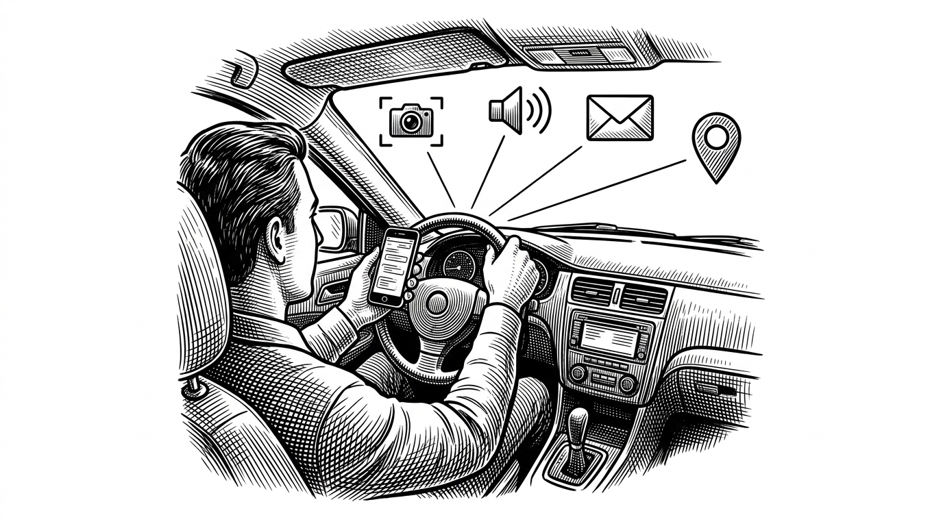 A driver cockpit seen from a slightly elevated wide angle. One hand holds a phone, the other rests on the wheel, while a webcam-like camera frame, an audio speaker, an email envelope, and a location pin radiate from the windshield as linked response nodes. The scene explains that this repository is not just classifying distraction. It is turning one prediction into a chain of safety actions.