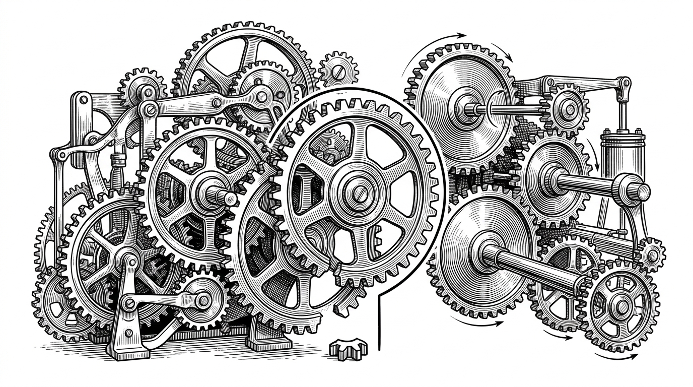 A massive clockwork engine with a single severed gear tooth contained by a firewall line, while the rest of the mechanism turns smoothly. This illustrates the concept of controlled, localized failure within a functioning system.