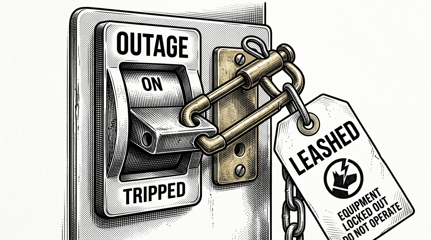 A close-up of a heavy industrial circuit breaker switch labeled OUTAGE, locked by a thick mechanical safety pin with a dangling paper tag reading LEASHED.