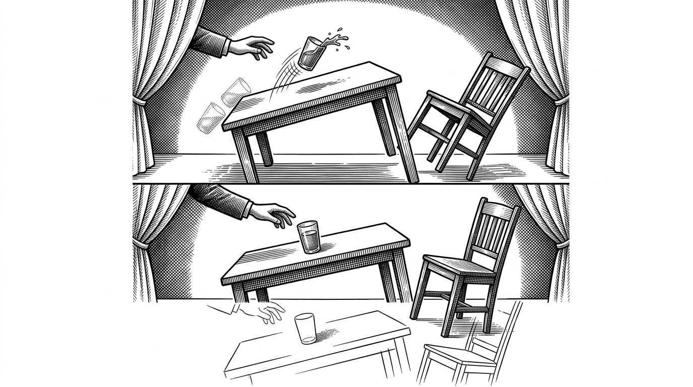 A stage-like scene shows an object removed from a table, but its effects still hang in the air: a tipping chair, a falling glass, and a displaced shadow. A second, cleaner version of the same scene is assembling beneath it, showing that the edit repairs the scene’s consequences rather than only masking the missing object.