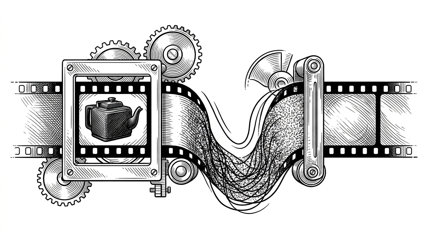 A close-up film strip passes through two gates. The first gate restores the missing object, while the second bends a ribbon of noise along a motion path to steady the frames. The image explains how warped-noise refinement reduces flicker and keeps texture aligned across time.