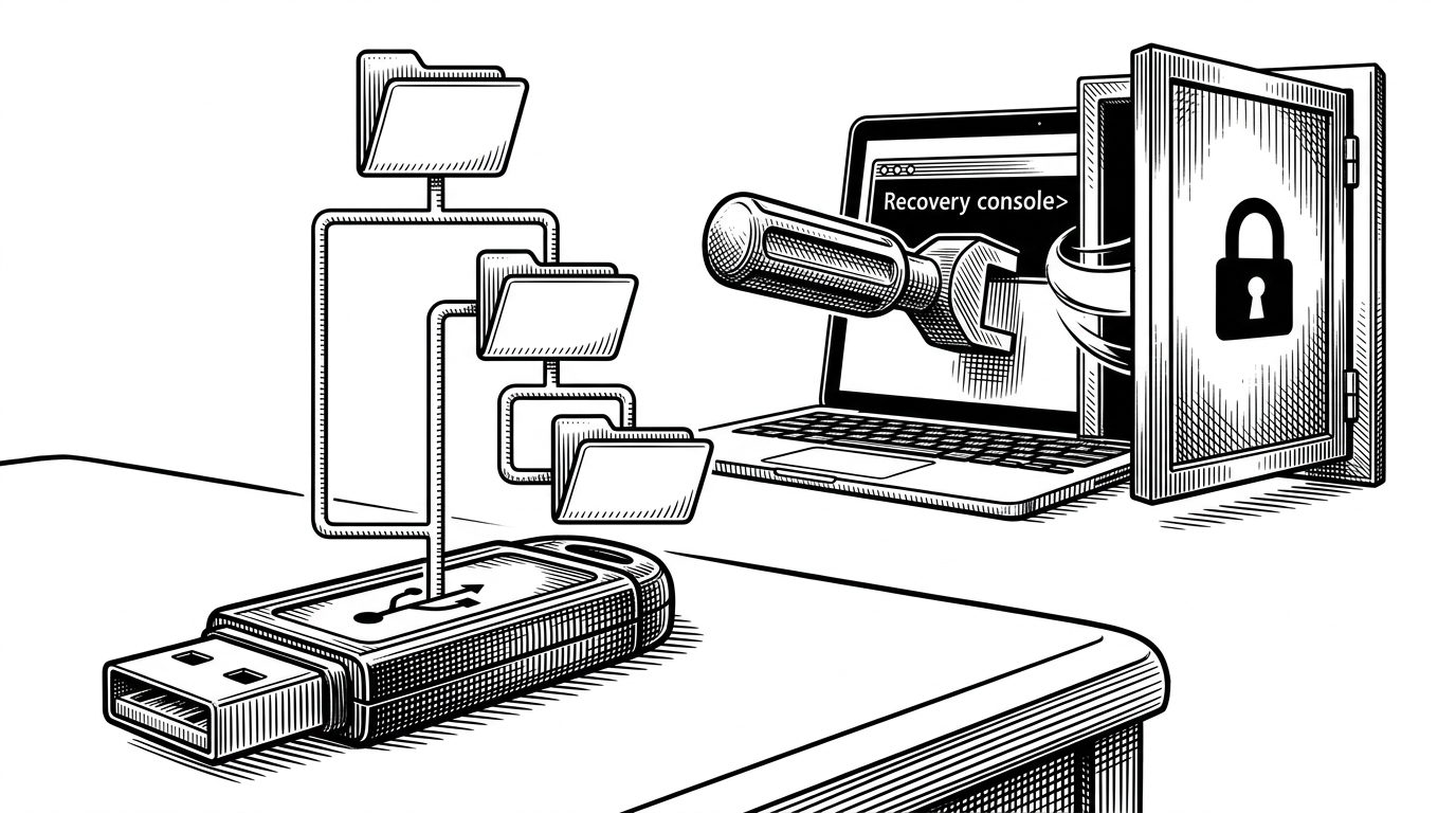 A black-ink editorial scene shows a USB stick in the foreground with a folder tree spilling out of it, leading to System Volume Information and FsTx. Behind it, a locked BitLocker drive is being opened by a recovery console prompt rather than a physical key. The image explains that the attack lives in Windows' recovery path, not in brute-force cryptography.