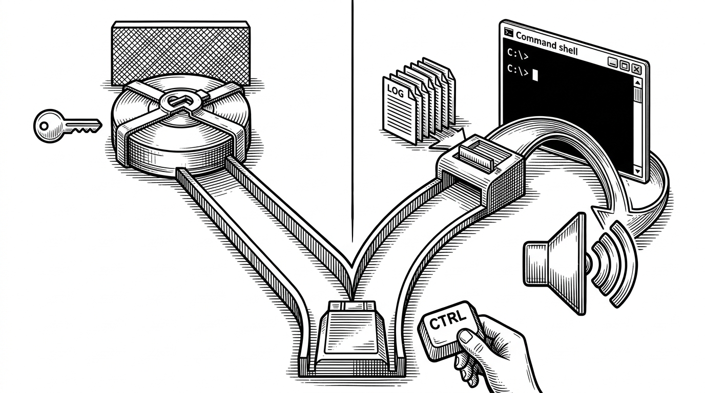 A close editorial diagram shows two nearly identical boot paths splitting from the same Windows stack. The left path stays in normal Windows and keeps the disk sealed. The right path enters WinRE, notices a held CTRL key, parses CLFS-style log files, and opens a shell above an unlocked volume. The image explains that the exploit is a context switch, not a noisy attack.