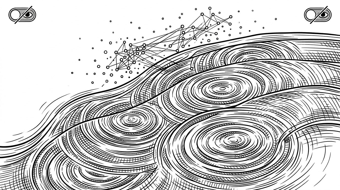 A close-up editorial illustration of layered ripple bands and a linked particle field, with a small switch implying that the animation pauses when the tab is hidden. It explains that the premium feel comes from custom motion systems that are also aware of performance.