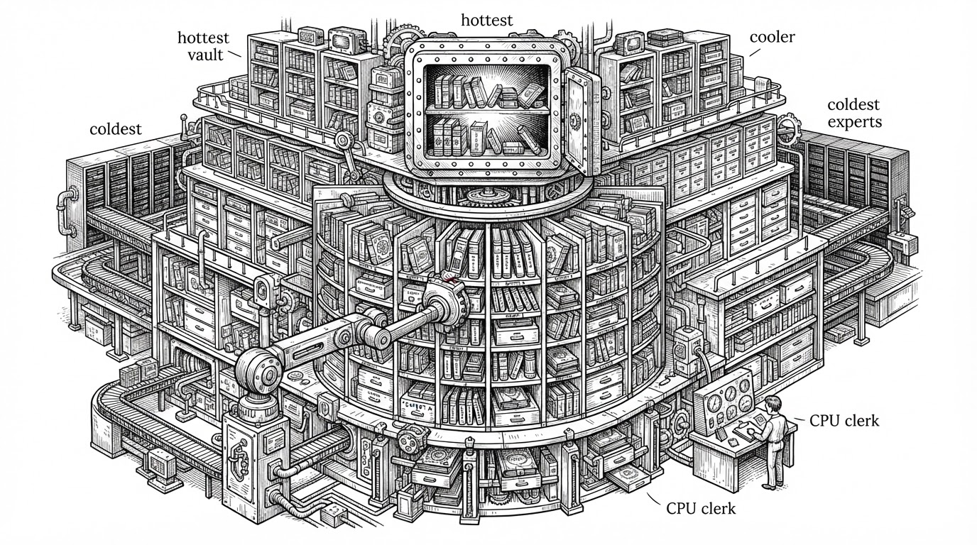 A giant mechanical library built around a rotating selector arm, with hot experts packed tightly inside a VRAM vault near the center and cooler experts shelved farther away in RAM and SSD drawers. The image explains Strata’s core idea: MoE inference works when experts behave like cache lines, not a monolithic blob.