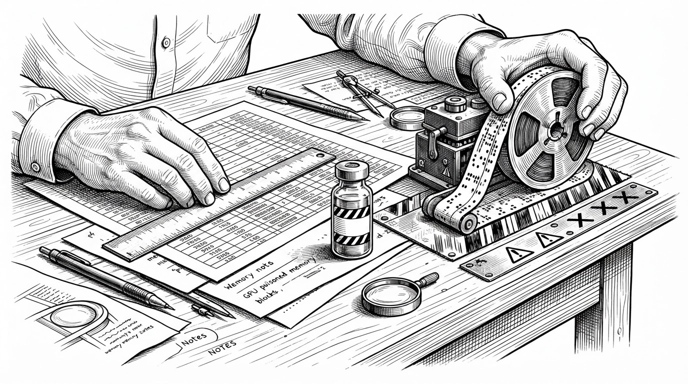 A close-up of a planning desk with an allocation sheet, a poisoned memory vial, and a GPU graph replay spool. The scene explains how Strata combines pre-planned memory, fail-fast debugging, and replayed execution to keep inference stable under tight constraints.