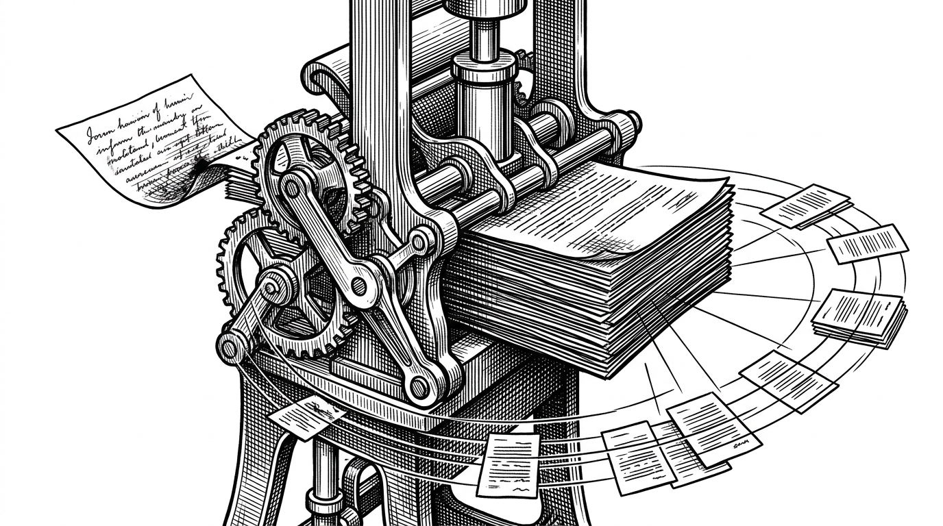 A close editorial illustration of a small question seed being pressed into a printing press and emerging as a dense hypothetical document. The dense page then attracts a cluster of retrieval magnets much more strongly than the original question. The image explains why query rewriting can outperform direct search in semantic space.