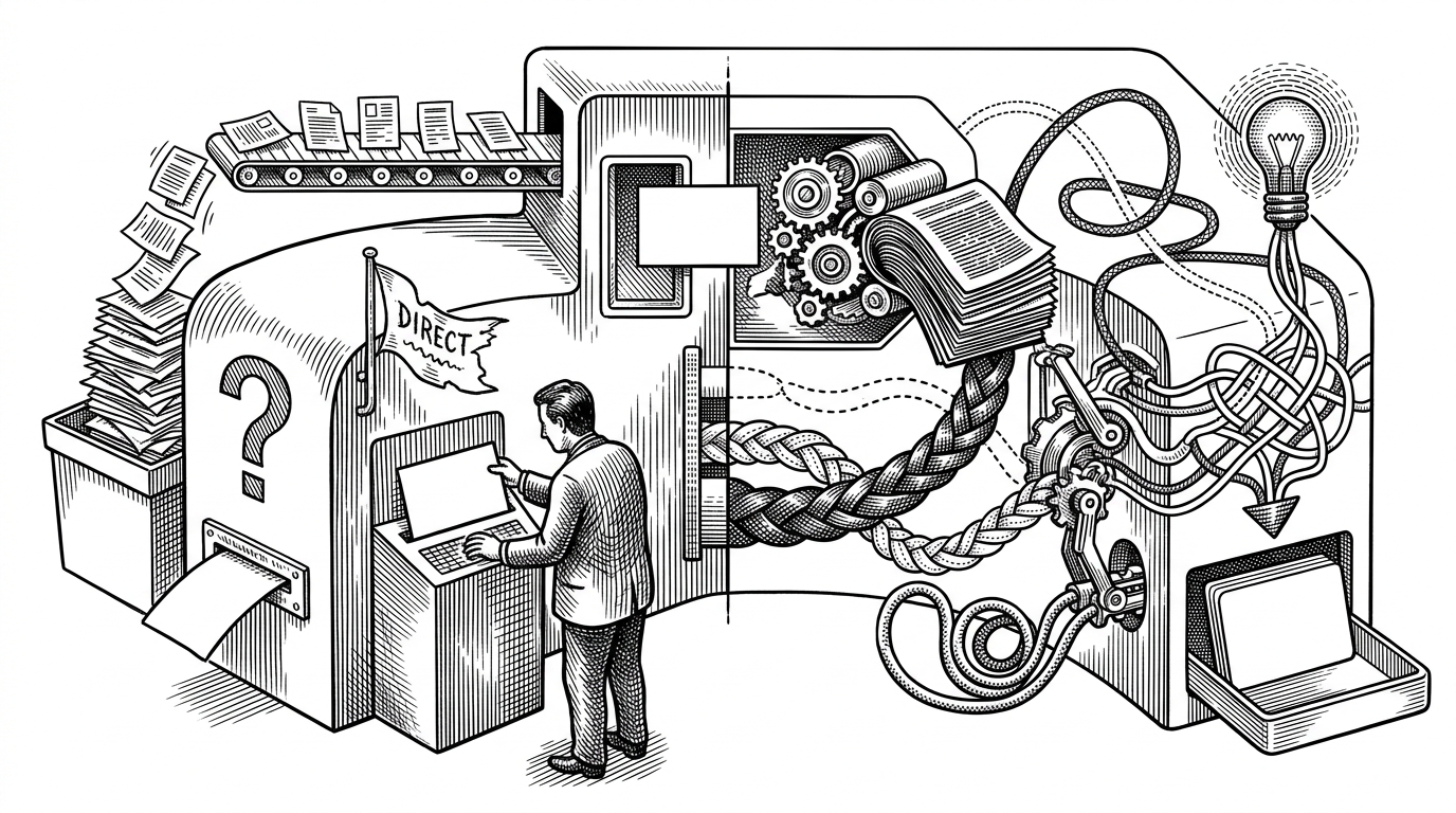 A wide editorial scene of a researcher facing a split retrieval machine. One path feeds a short question straight into a search box and returns a thin stack of documents. The other path turns that question into a denser surrogate, then routes it through multiple retrieval lines before an answer emerges. The image explains that advanced RAG is signal engineering, not just lookup.