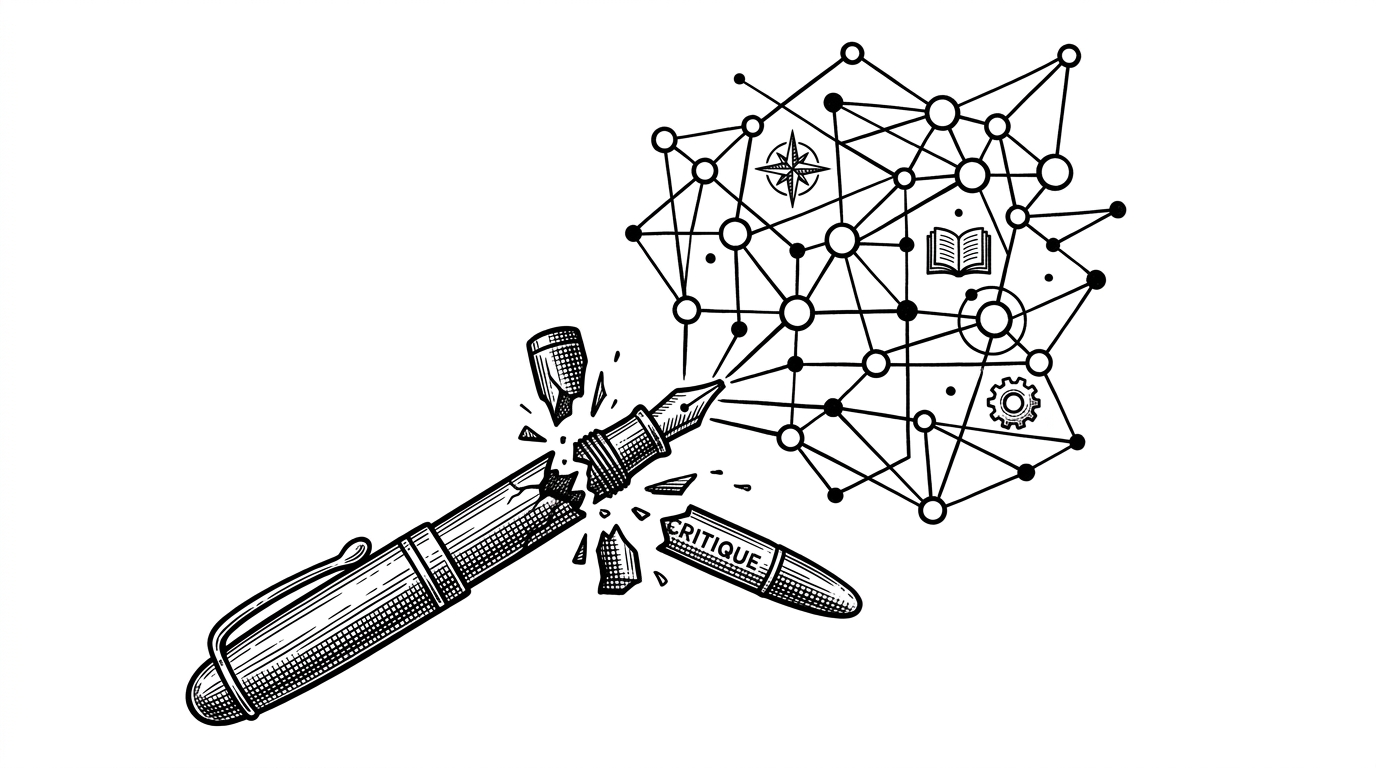 A traditional red grading pen shattering into geometric nodes, representing the shift from analog to algorithmic grading.