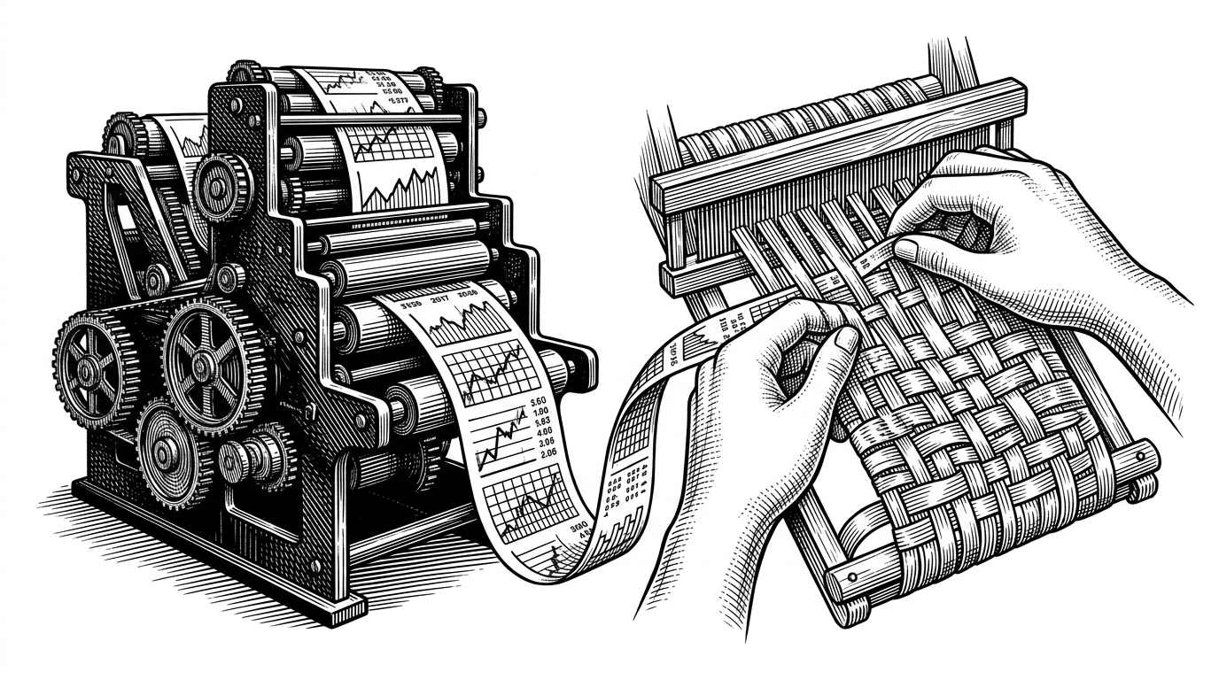 A cold metal printing press churning out data ticker tape on the left, while warm human hands weave that tape into a soft tapestry on the right.