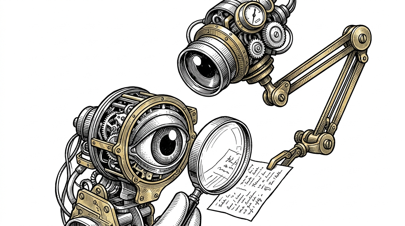 A close-up of a mechanical eye scrutinizing a paper, while a larger mechanical eye hovers above, inspecting the first eye's notes.