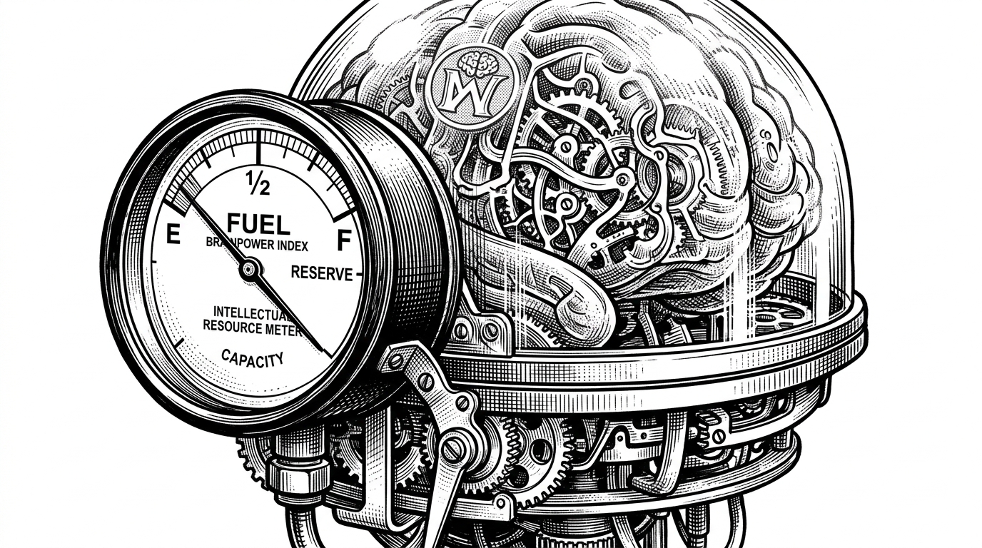 A close-up of a vintage analog fuel gauge attached to the side of a glass-domed mechanical brain, with the needle dropping slightly as gears turn inside. This visualizes the 'Fuel Level' UI concept that tracks token usage.
