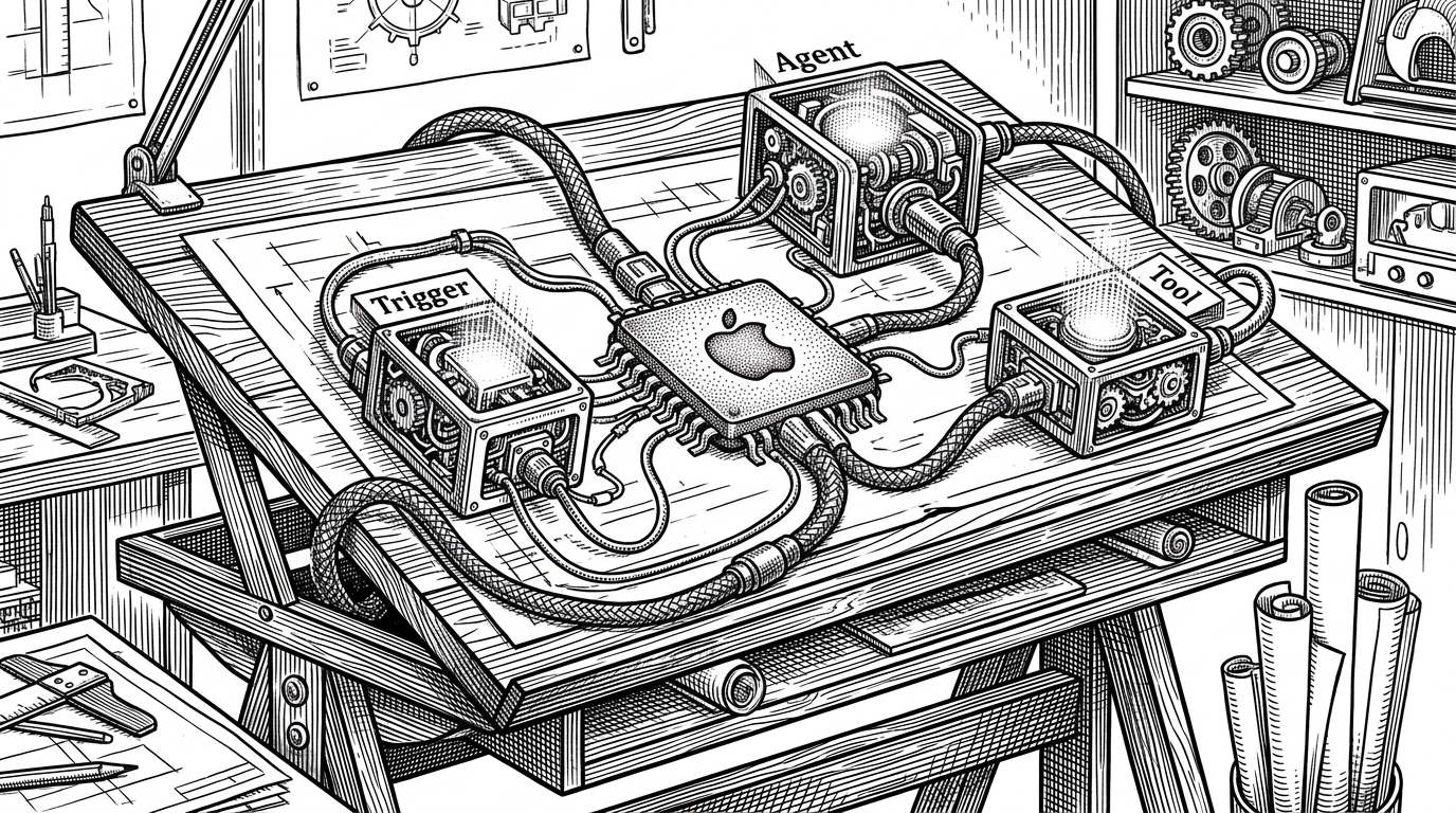 A classic wooden drafting table covered in physical mechanical blocks connected by woven cables, powered by a central microchip with an apple motif. This illustrates the visual, native, hardware-driven nature of the Signals IDE.