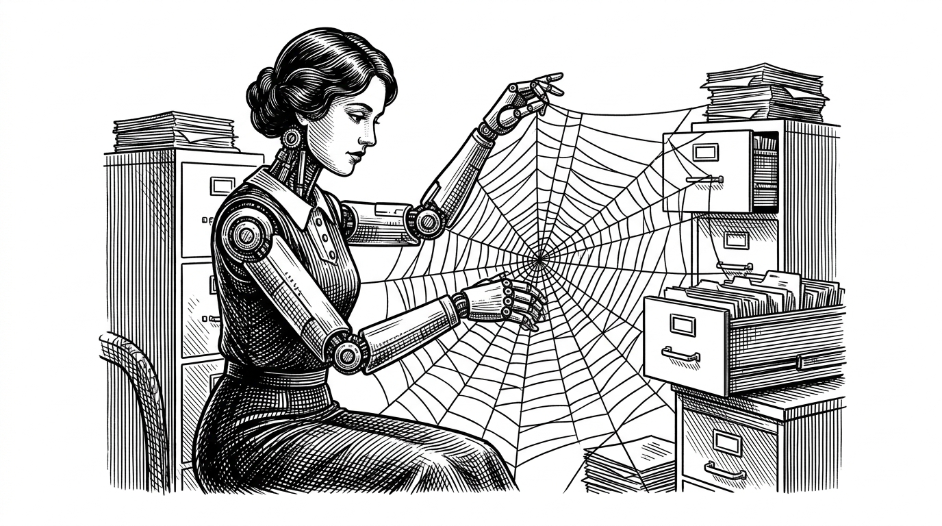 A 1920s telephone switchboard operator with mechanical joints weaving a spiderweb connecting filing cabinets. This represents the synthesis of old telephony and automated data graphing.