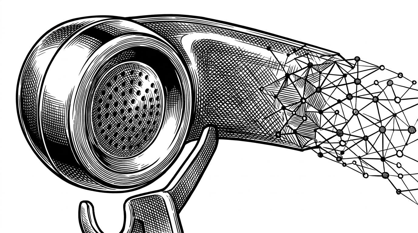 A close-up of a telephone receiver split down the middle. The left is a normal plastic speaker, the right dissolves into a lattice of data nodes. This illustrates the transformation of voice into structured graph data.
