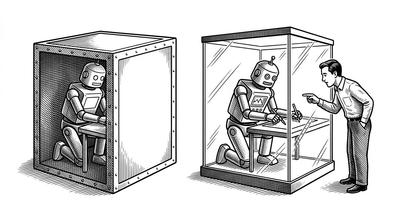 A split scene comparing a robot in an opaque box to a robot in a glass terrarium.