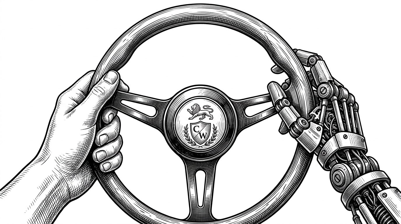 A vintage steering wheel held by both a human hand and a robot hand, illustrating collaborative control.