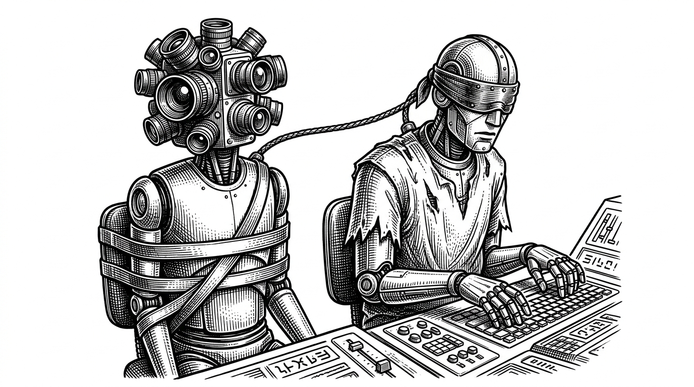 A mechanical figure with a camera-lens head connected by a cable to a blindfolded figure typing at a keyboard, representing Spectra's separation of perception and action.