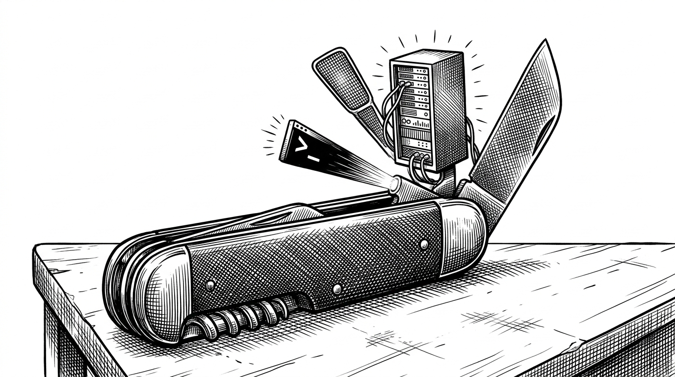 A close-up of a folded pocketknife on a workbench where the blades are a glowing server rack, a command-line prompt, and a microscopic filtering screen.