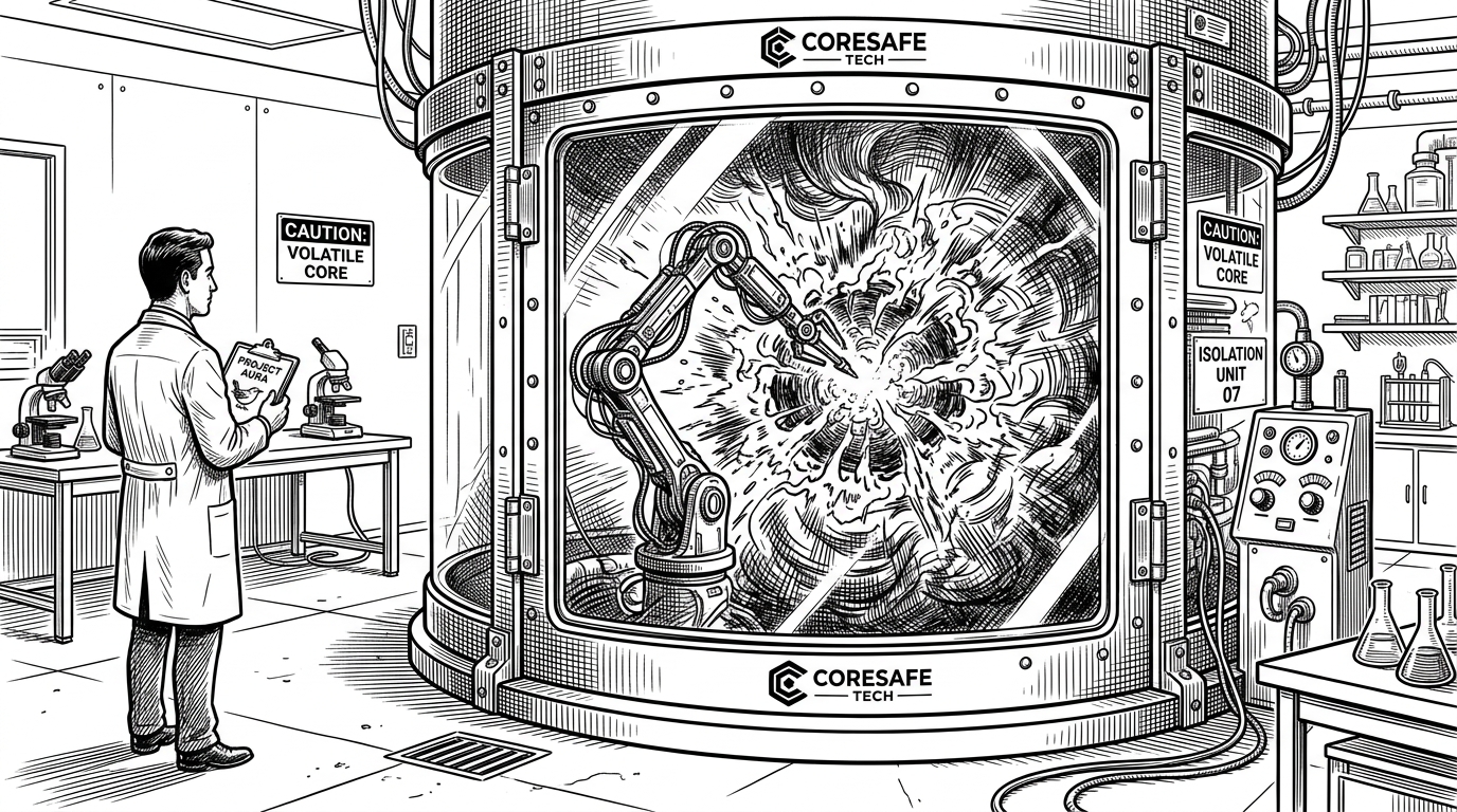 A thick glass bank vault containing a mechanical arm interacting with a glowing core, representing isolated sandboxing for AI agents.