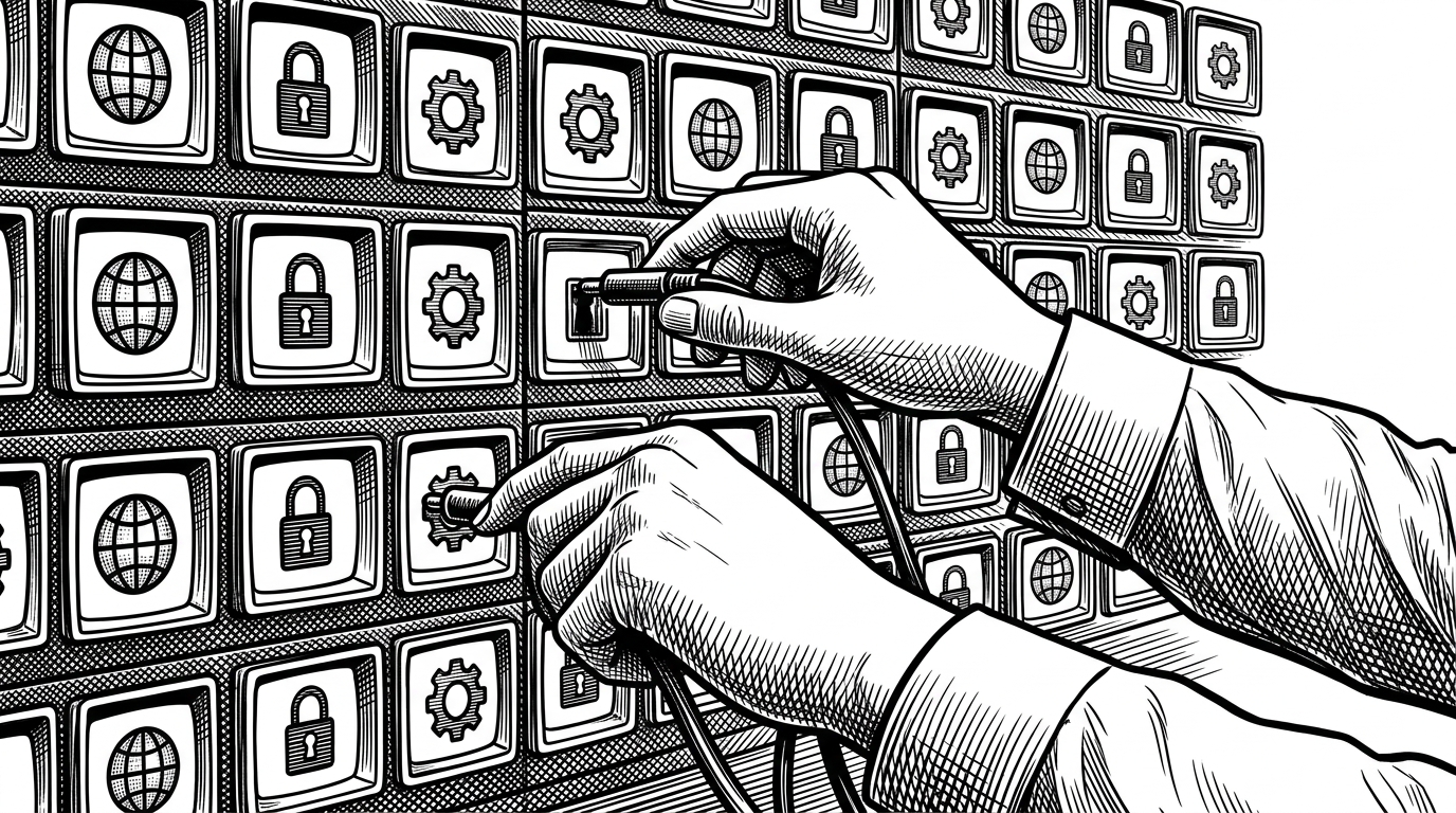 Hands operating a vintage telephone switchboard, plugging cables into isolated terminal screens.