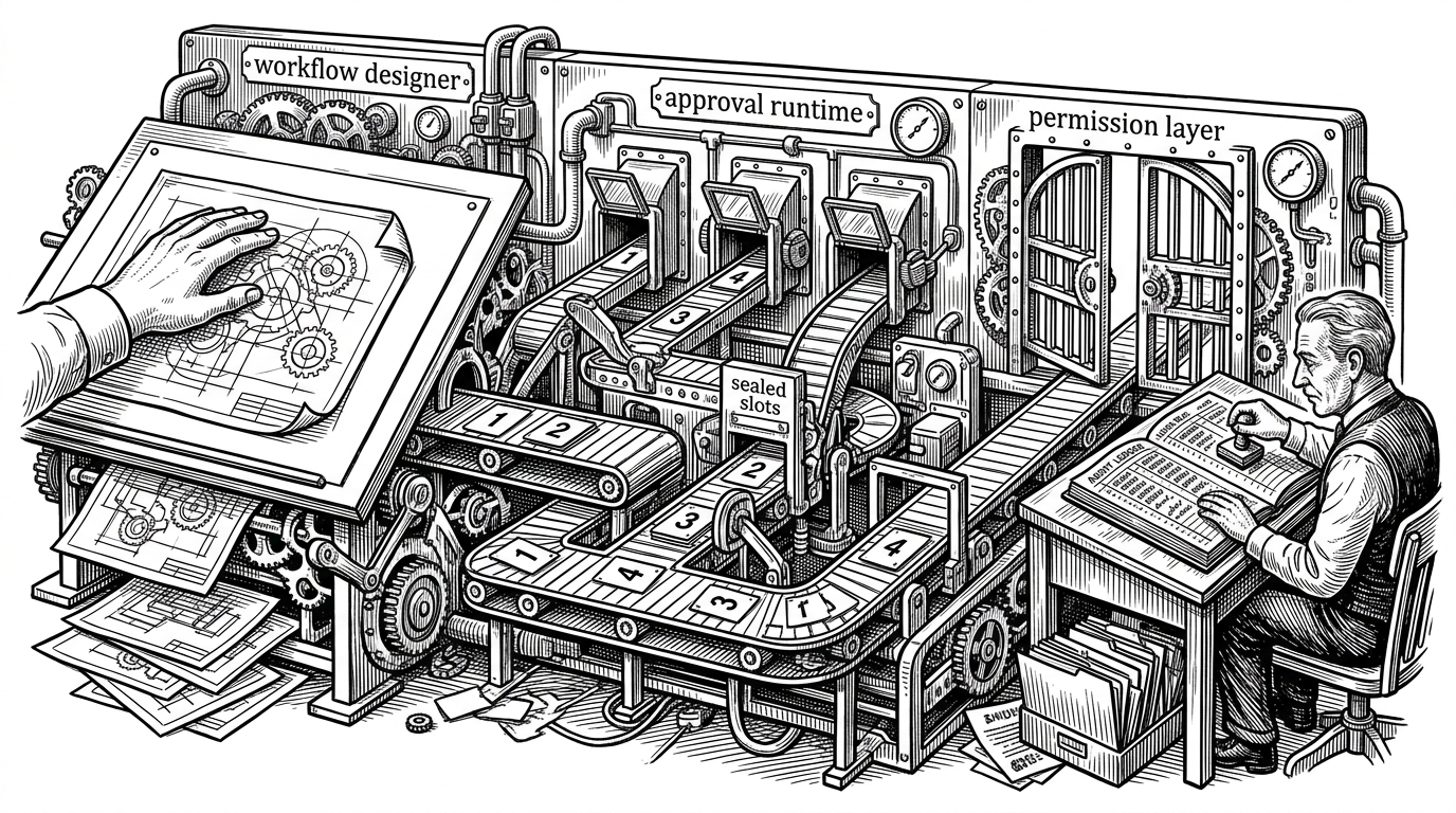 A large mechanical control panel with three distinct zones: workflow design, approval runtime, and permission oversight. A hand slides a blueprint into the design zone while task cards move through sealed slots and an auditor stamps records into a ledger. The scene explains that the system is not just an admin UI, but a governed engine for business process execution.