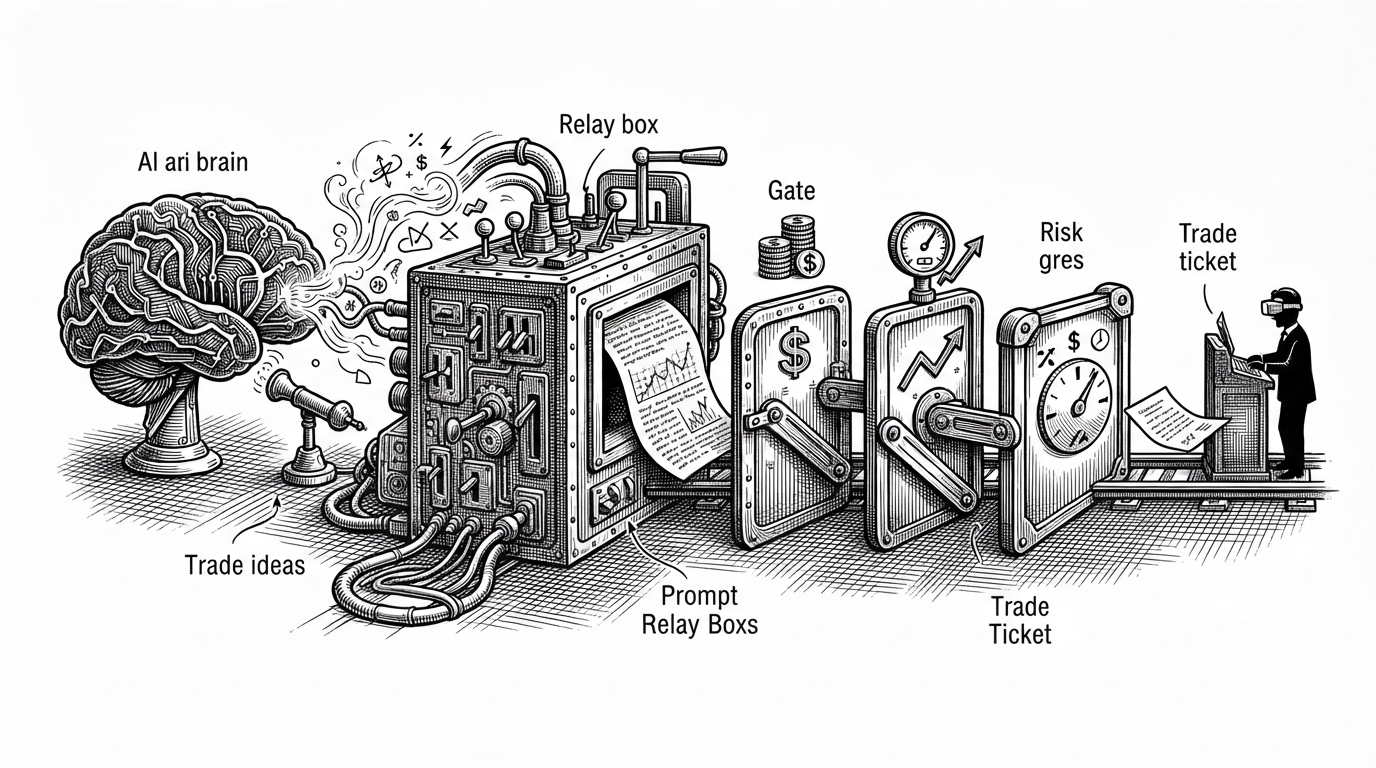 A trading desk reimagined as a mechanical control room. A paper-like prompt sheet enters a steel relay box while an AI brain on one side whispers ideas and heavy gates on the other side enforce risk limits before any order reaches the exchange terminal. The image explains the core design idea: the model can propose trades, but the runtime has veto power.