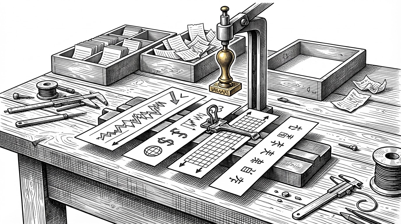 A close-up assembly bench where separate paper strips labeled by their visual role, such as risk settings, market context, schema, and language rules, are clipped into one engineered prompt bundle. Small trays in the background sort candidate orders into green, yellow, and red outcomes. The image explains that NOFX compiles prompts into a controlled contract rather than improvising them.